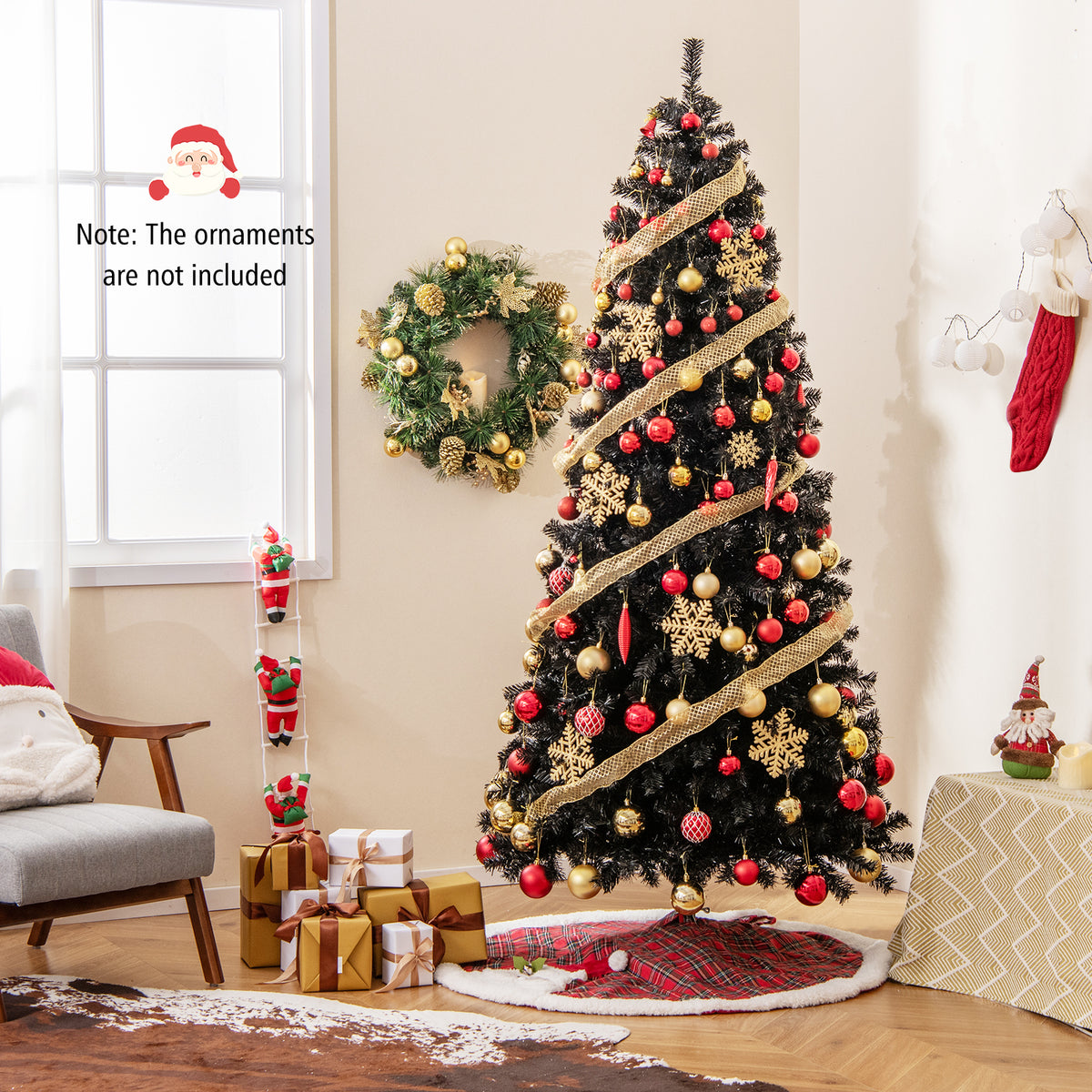 7 Ft Artificial Christmas Tree with Bendable Top & Warm LED Lights - Black
