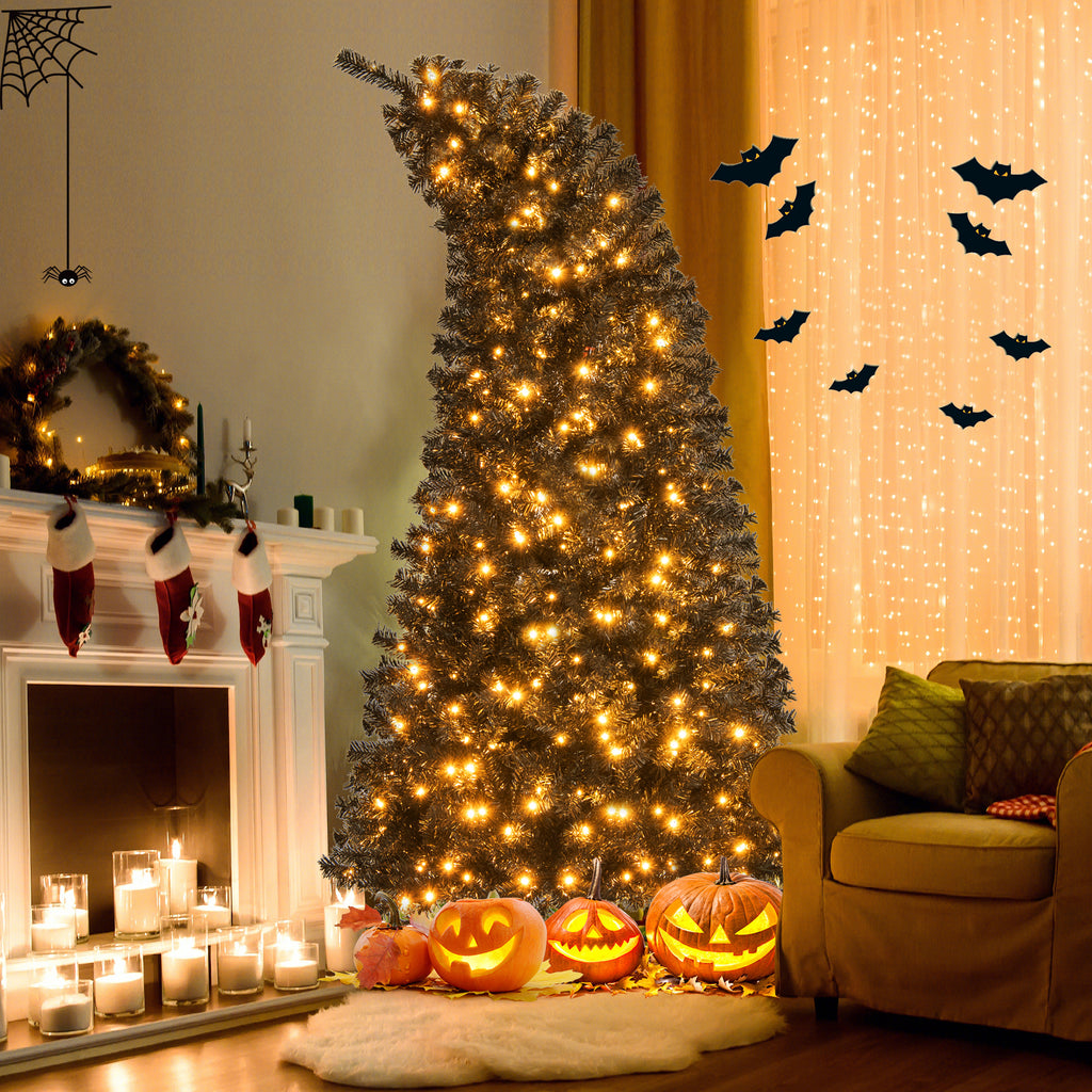 7 Ft Artificial Christmas Tree with Bendable Top & Warm LED Lights - Black