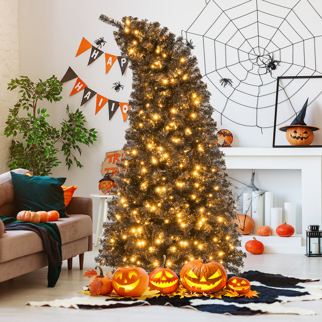 7 Ft Artificial Christmas Tree with Bendable Top & Warm LED Lights - Black