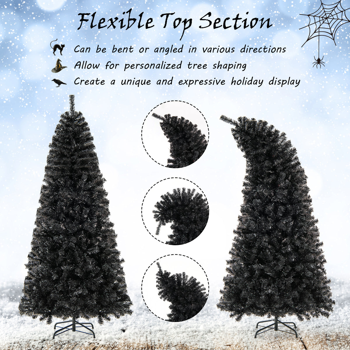 7 Ft Artificial Christmas Tree with Bendable Top & Warm LED Lights - Black