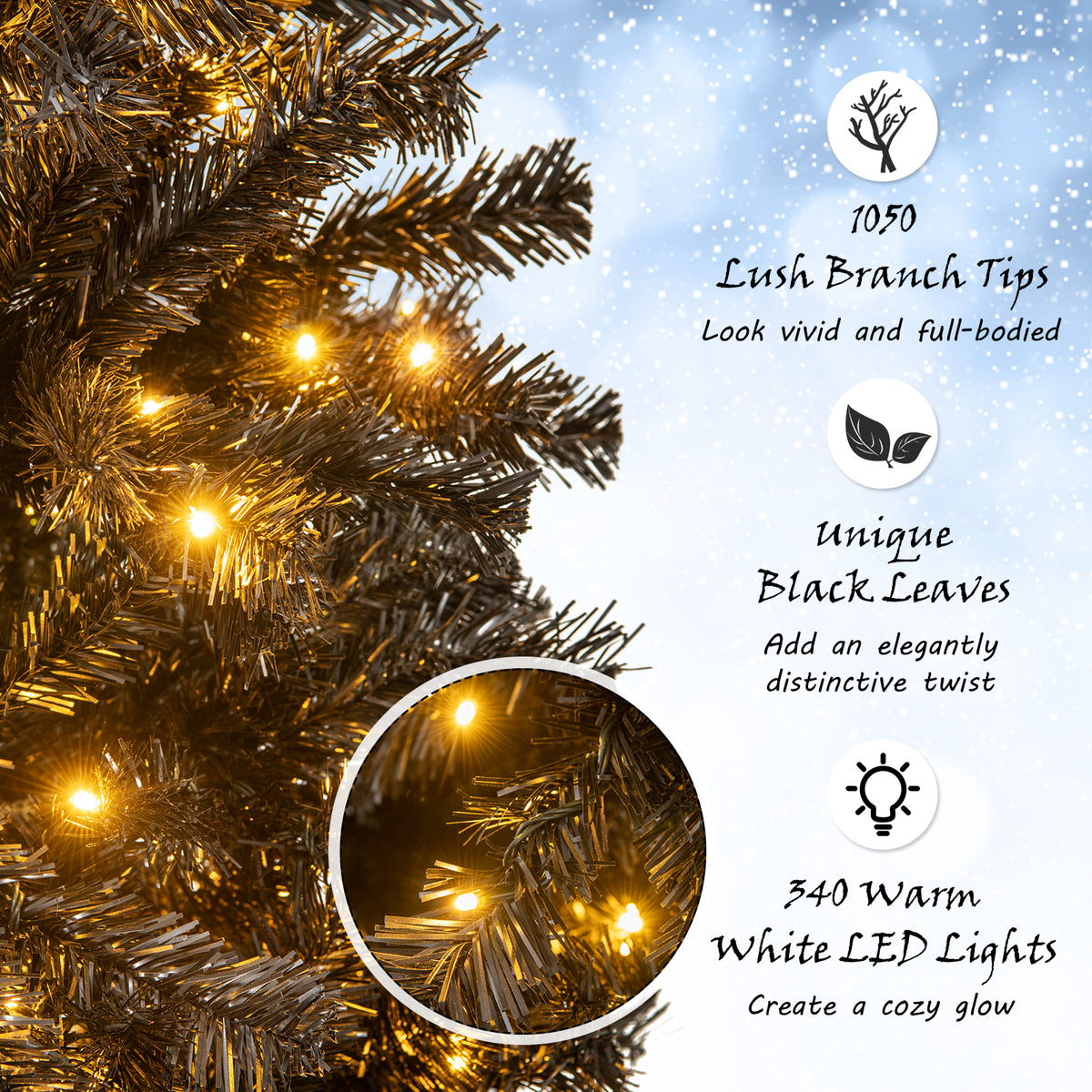7 Ft Artificial Christmas Tree with Bendable Top & Warm LED Lights - Black