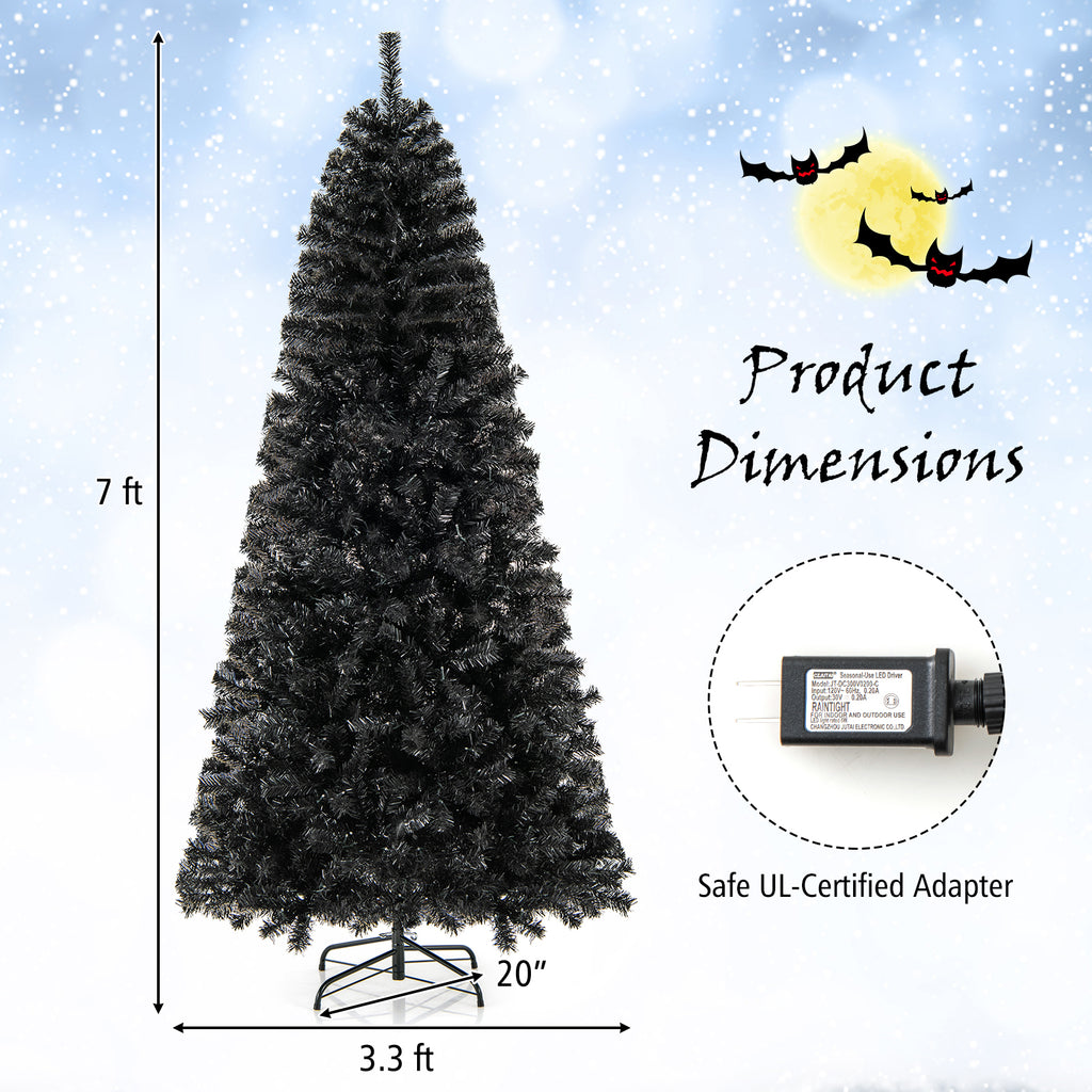 7 Ft Artificial Christmas Tree with Bendable Top & Warm LED Lights - Black