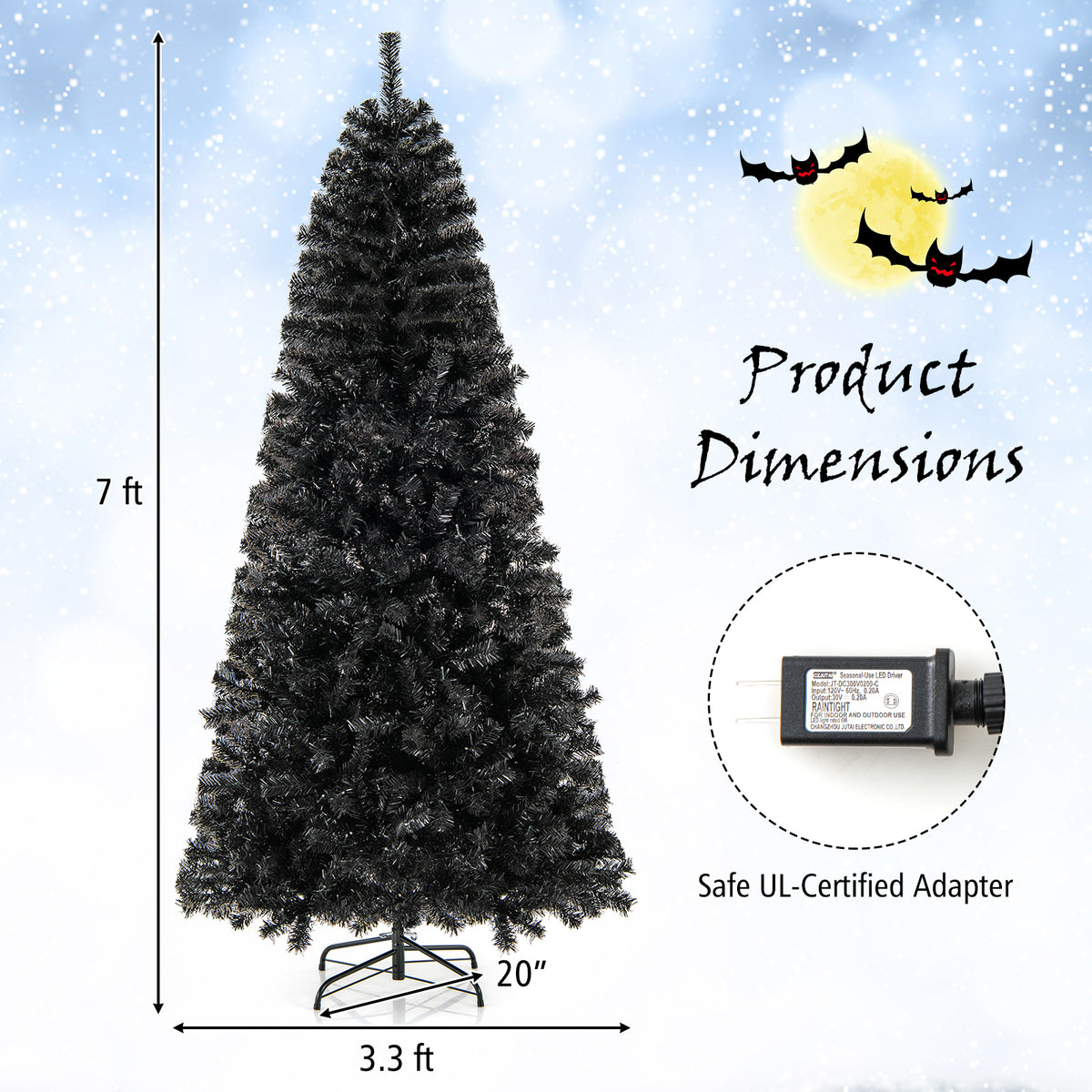 7 Ft Artificial Christmas Tree with Bendable Top & Warm LED Lights - Black