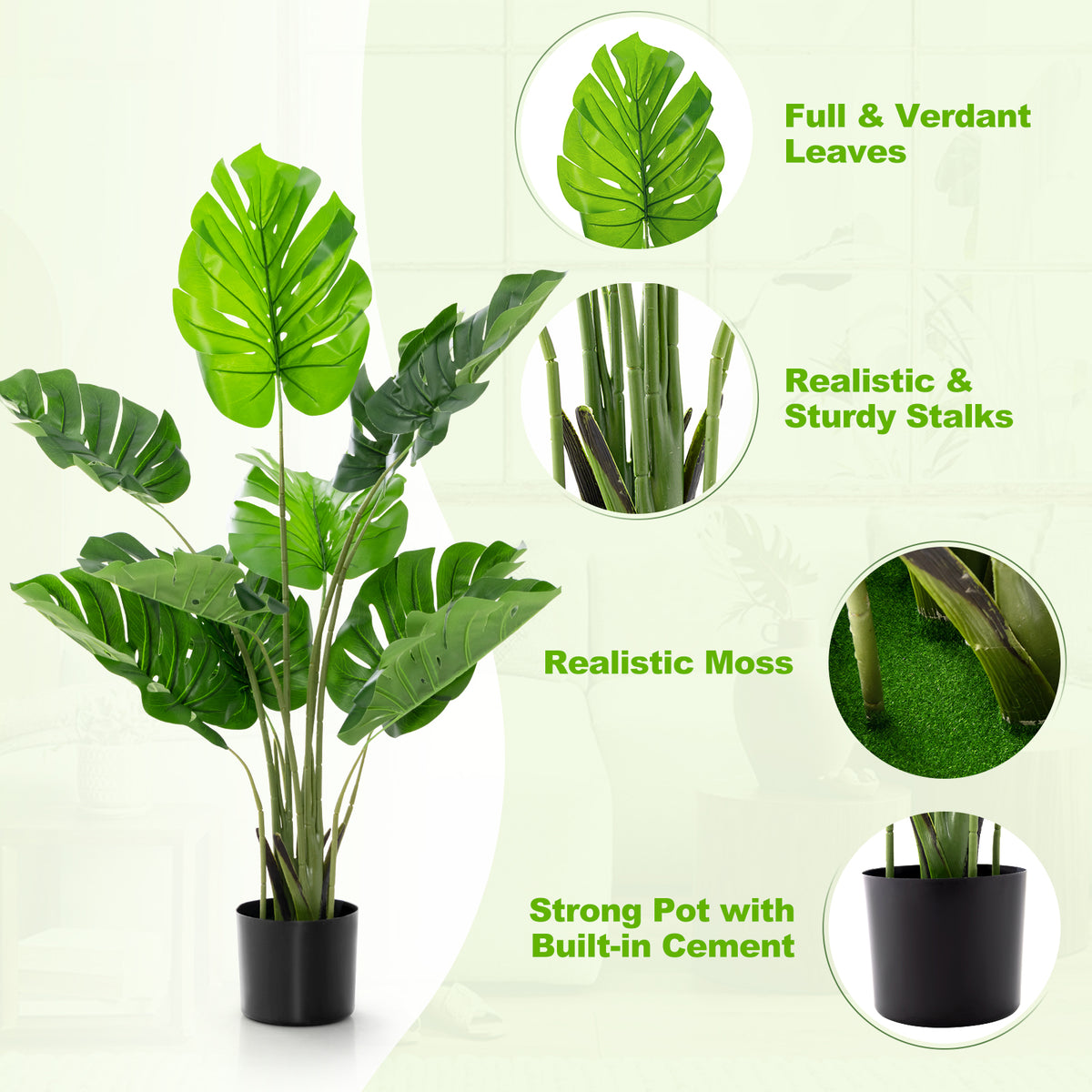 Artificial Monstera Tree with 10 Realistic Leaves for Indoor & Outdoor Decor - 4 Feet