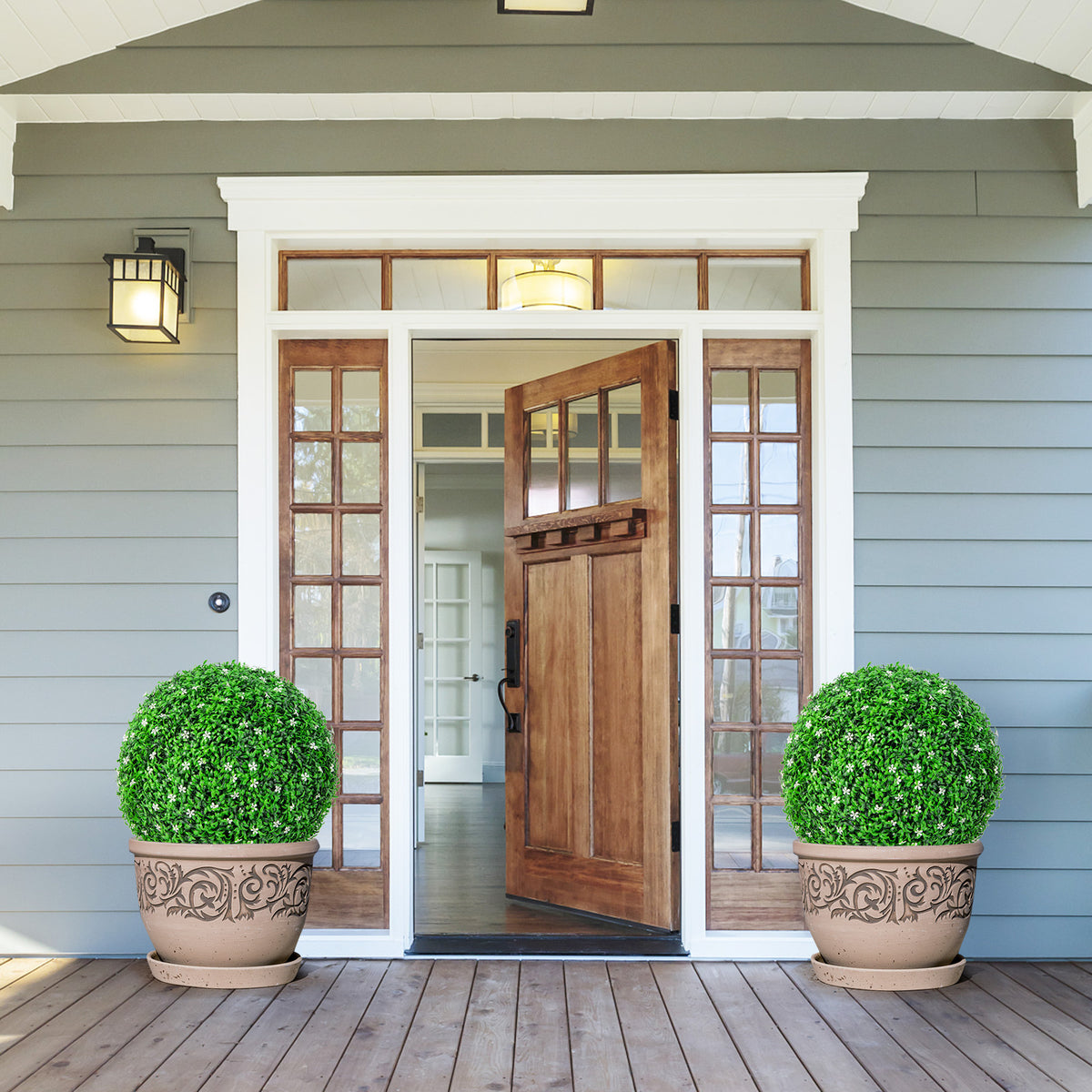 2 Pieces Faux Boxwood Topiary Balls with White Flowers - 19 Inches Artificial Garden Decor