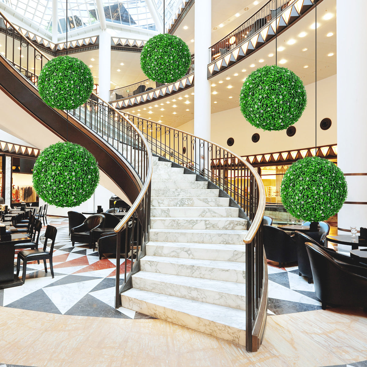 2 Pieces Faux Boxwood Topiary Balls with White Flowers - 19 Inches Artificial Garden Decor