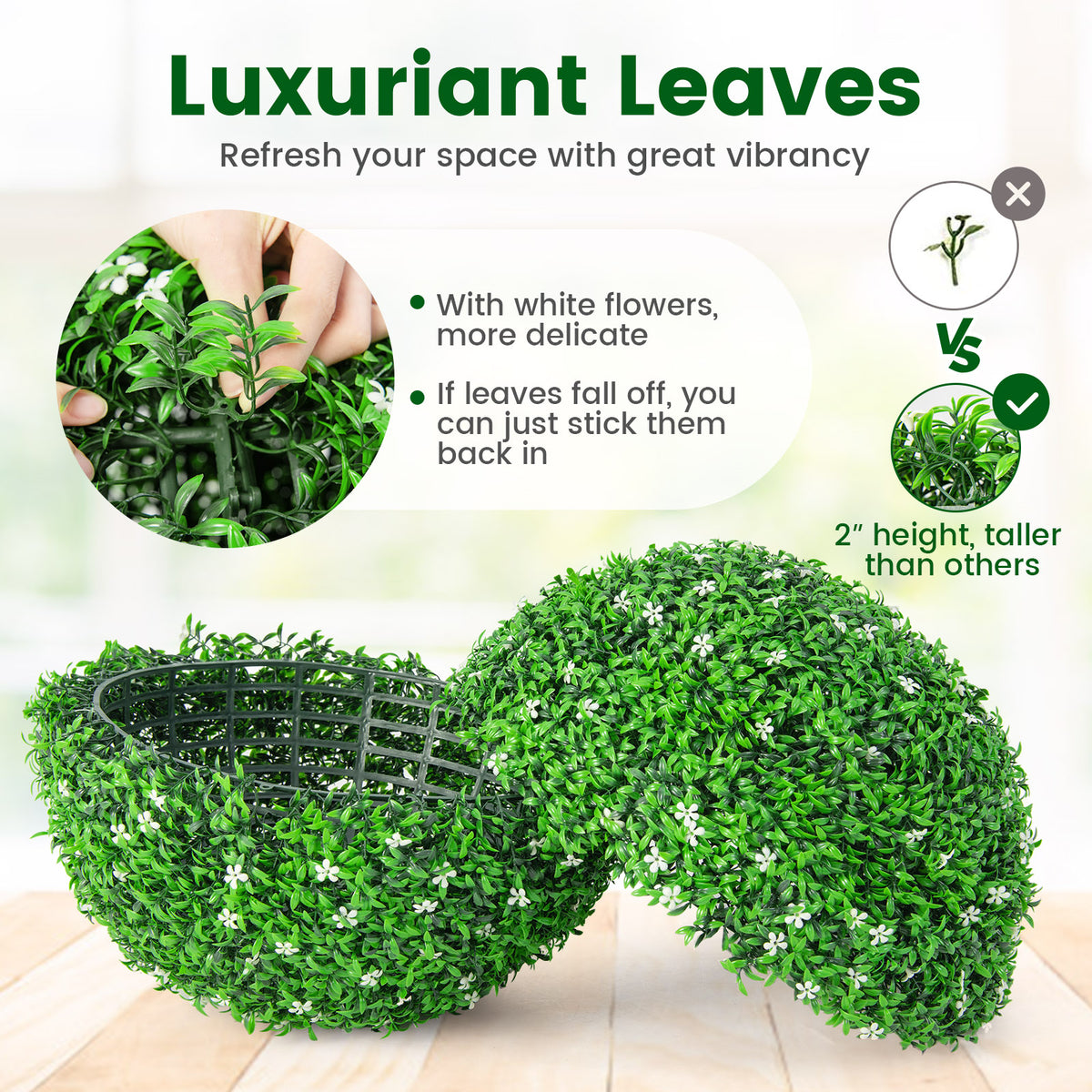 2 Pieces Faux Boxwood Topiary Balls with White Flowers - 19 Inches Artificial Garden Decor