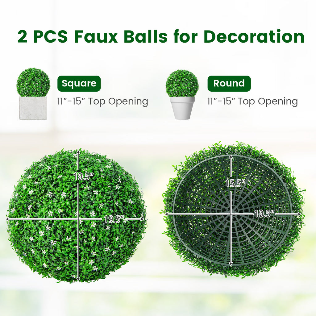 2 Pieces Faux Boxwood Topiary Balls with White Flowers - 19 Inches Artificial Garden Decor