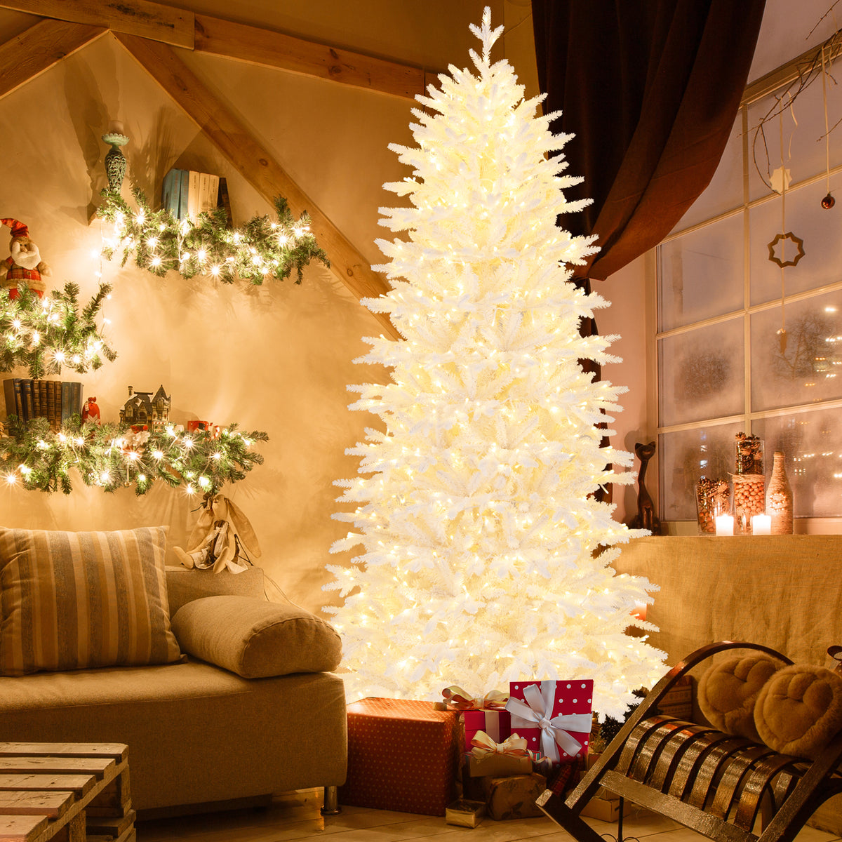 7 FT Artificial Christmas Tree with 1880 Branch Tips, Flocked Holiday Decor