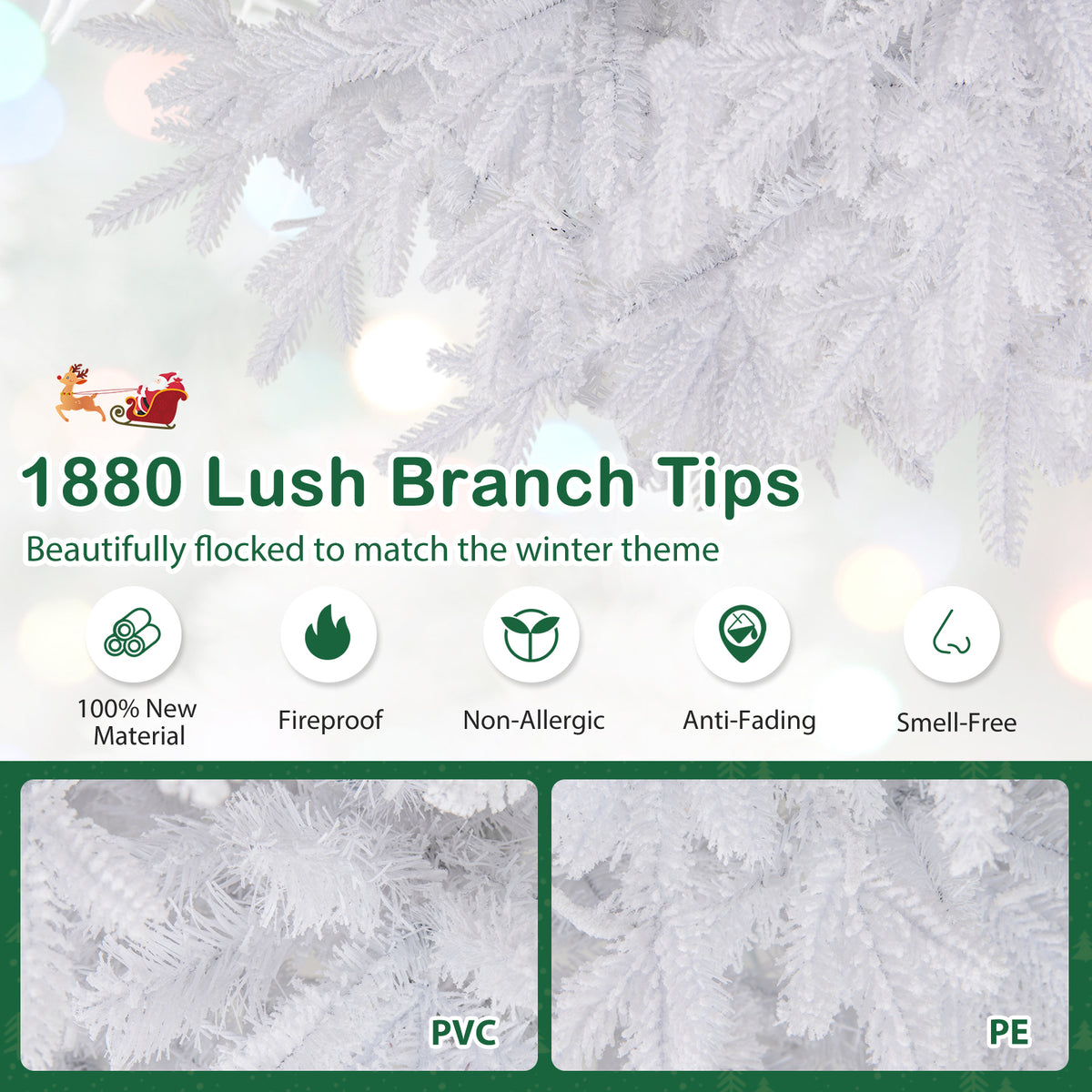 7 FT Artificial Christmas Tree with 1880 Branch Tips, Flocked Holiday Decor