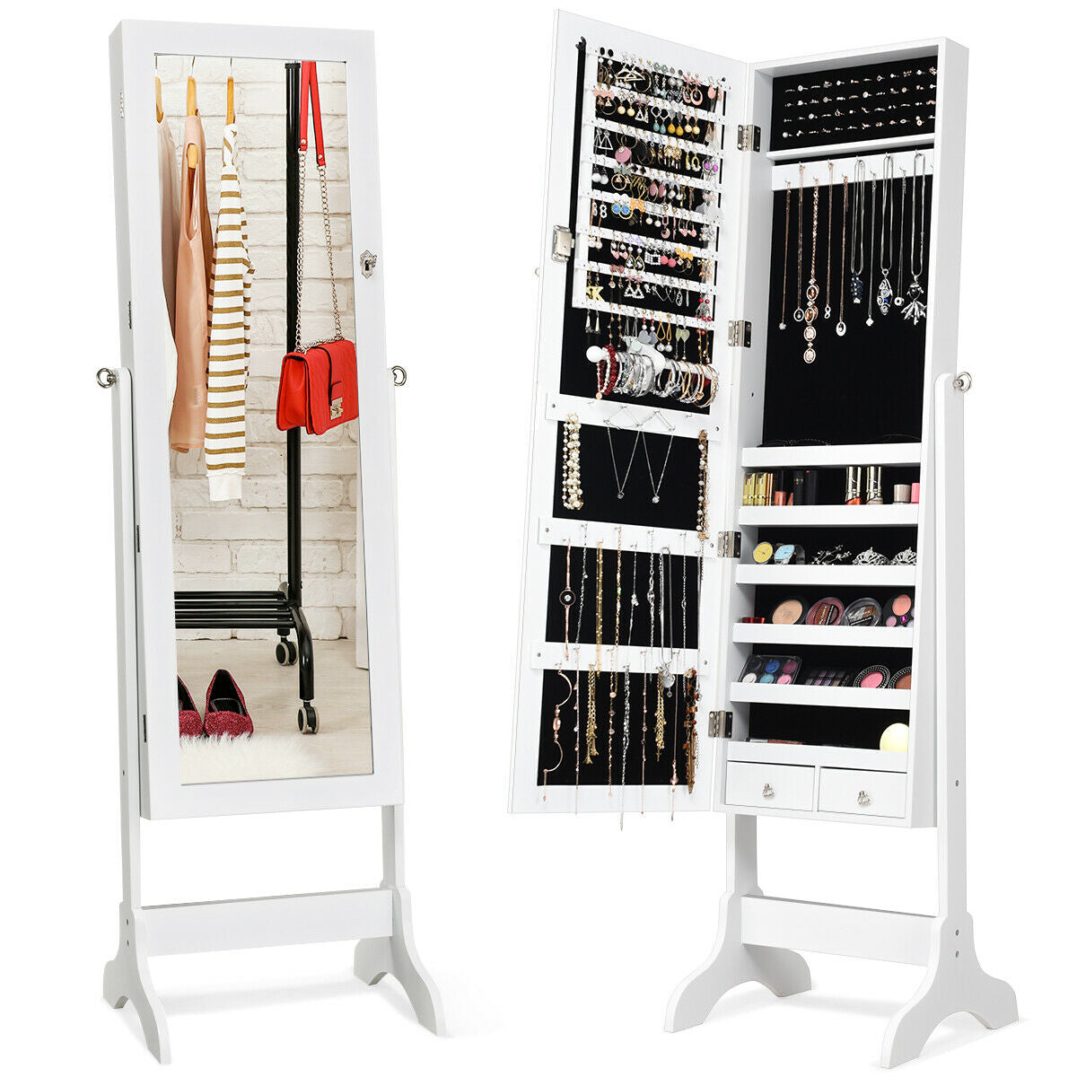 Lockable Mirrored Jewelry Cabinet Armoire, White