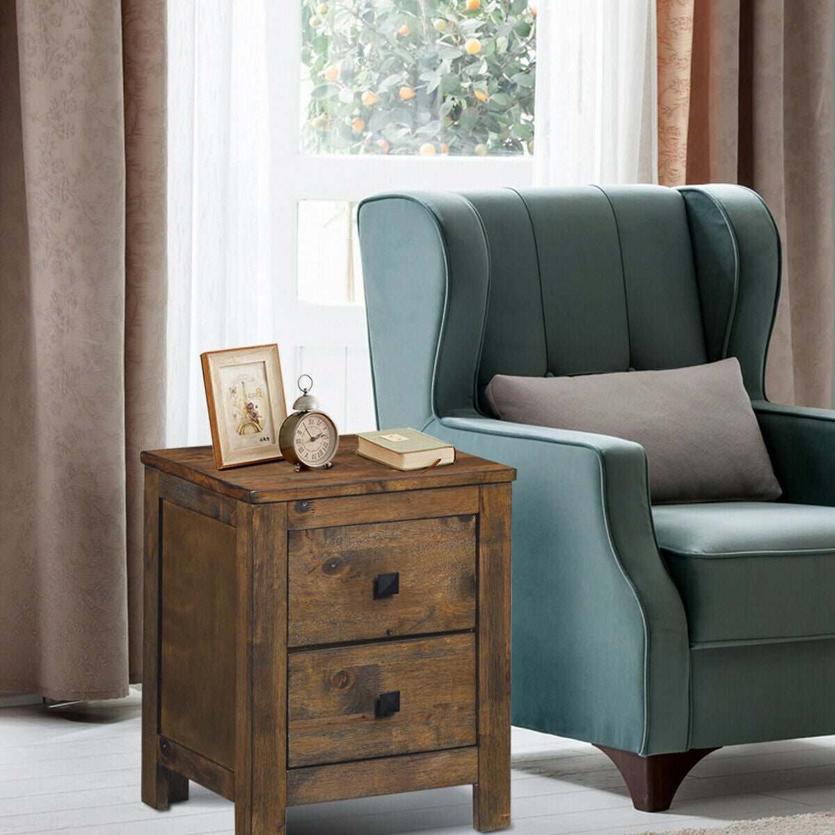 Wooden Nightstand with 2 Storage Sliding Drawers – Natural