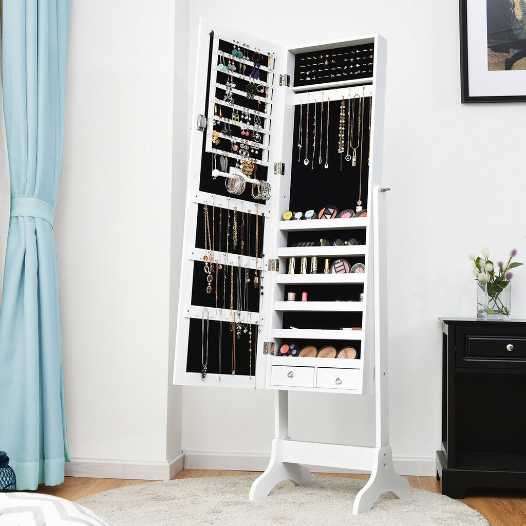 Lockable Mirrored Jewelry Cabinet Armoire, White
