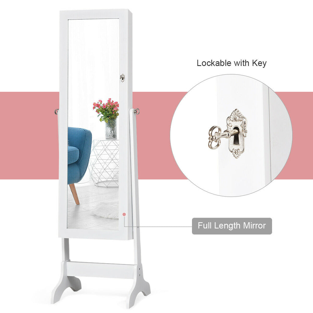 Lockable Mirrored Jewelry Cabinet Armoire, White