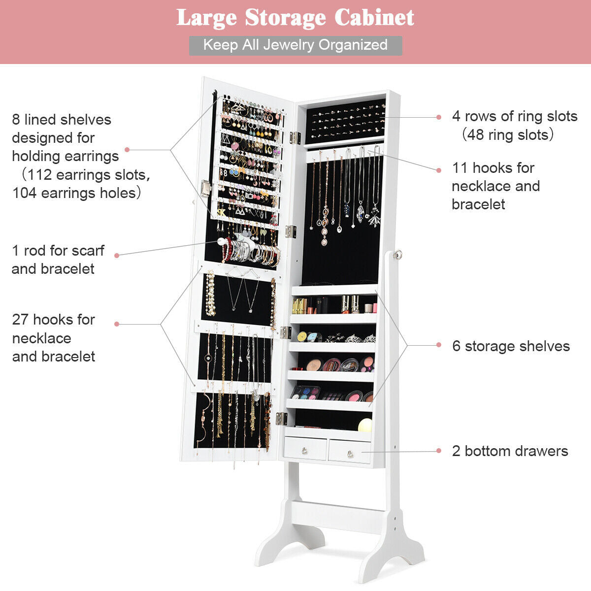 Lockable Mirrored Jewelry Cabinet Armoire, White