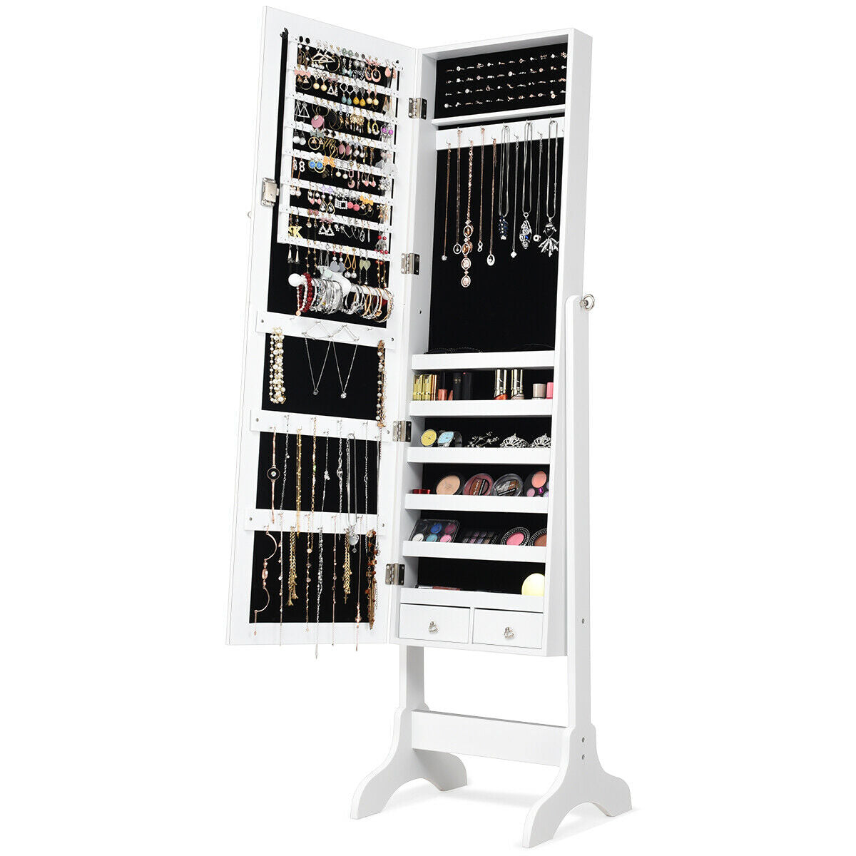 Lockable Mirrored Jewelry Cabinet Armoire, White