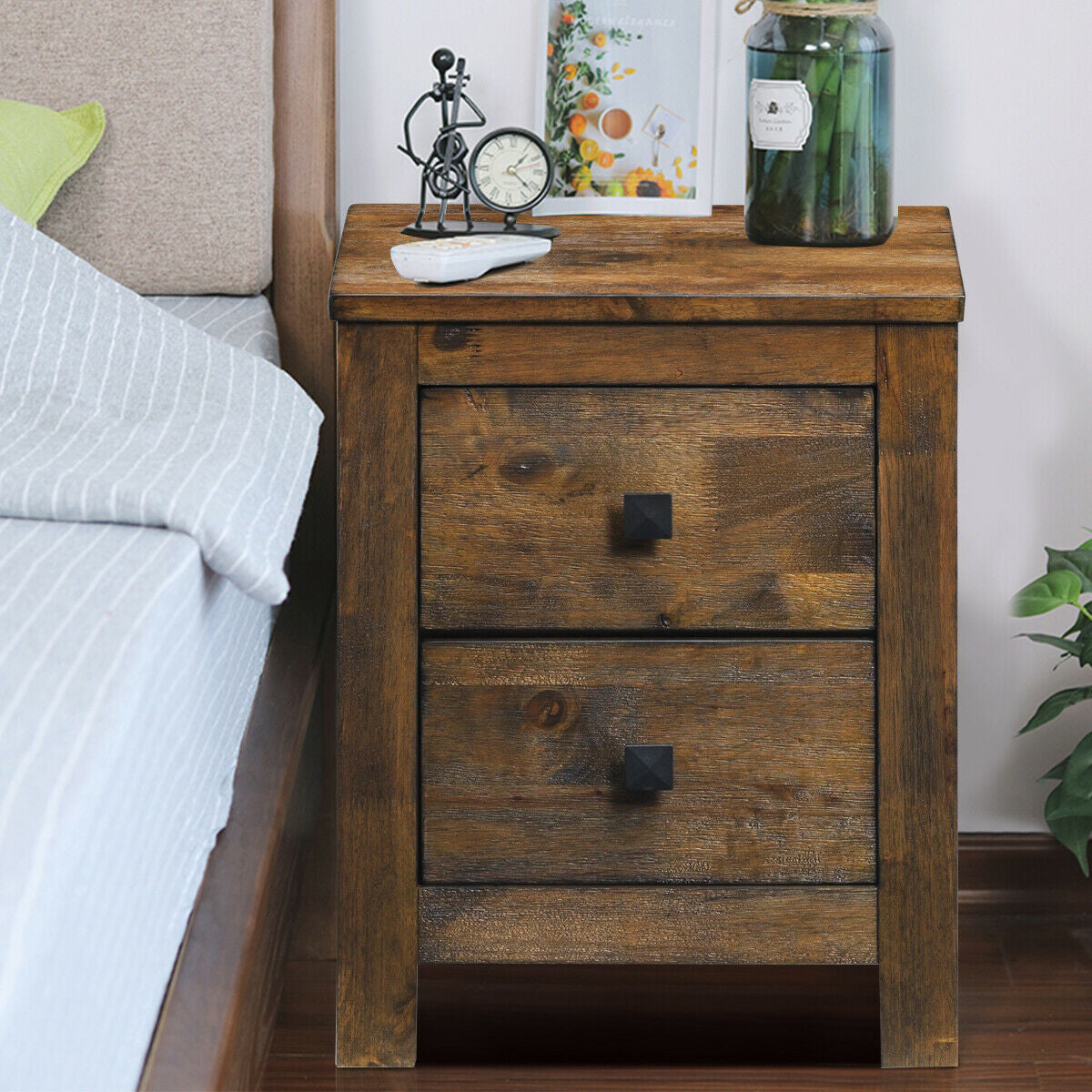 Wooden Nightstand with 2 Storage Sliding Drawers – Natural