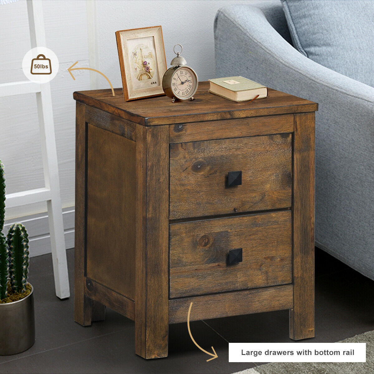 Wooden Nightstand with 2 Storage Sliding Drawers – Natural