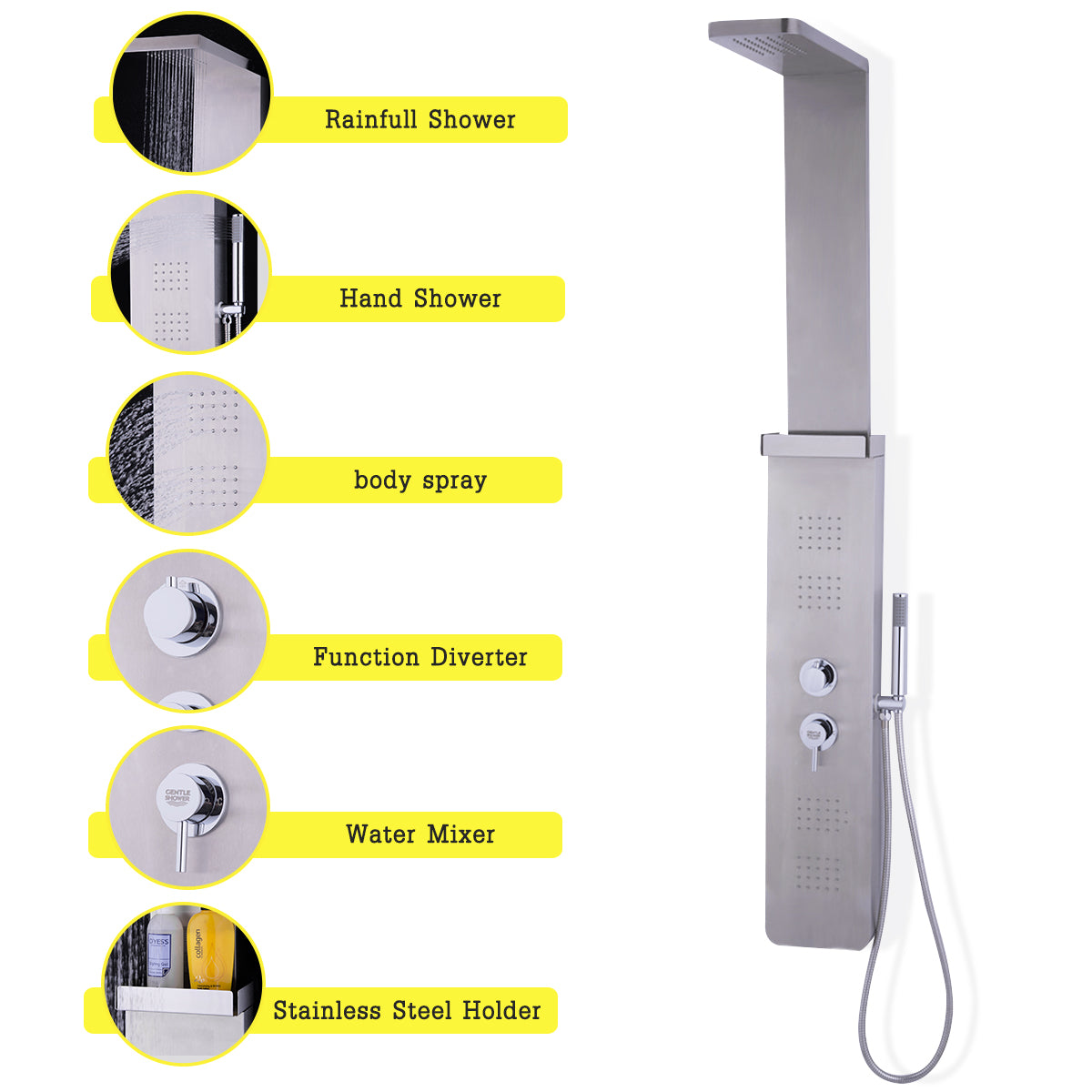 59” Stainless Steel Shower Panel with Massage Jets and Hand