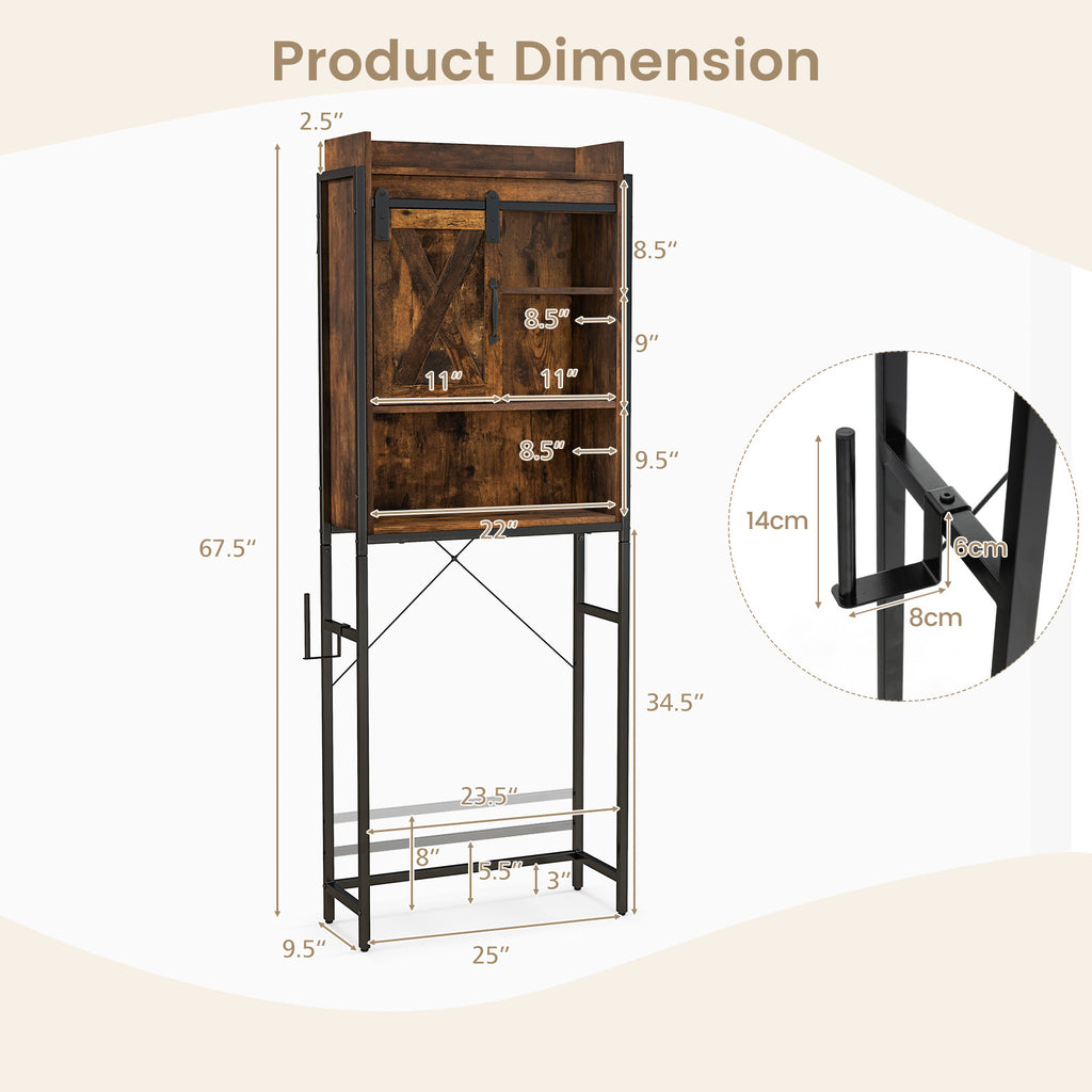 4-Tier Toilet Storage Cabinet with Sliding Barn Door, Rustic Brown
