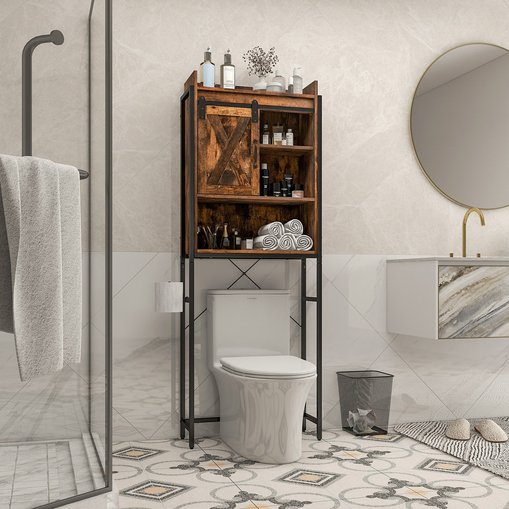 4-Tier Toilet Storage Cabinet with Sliding Barn Door, Rustic Brown