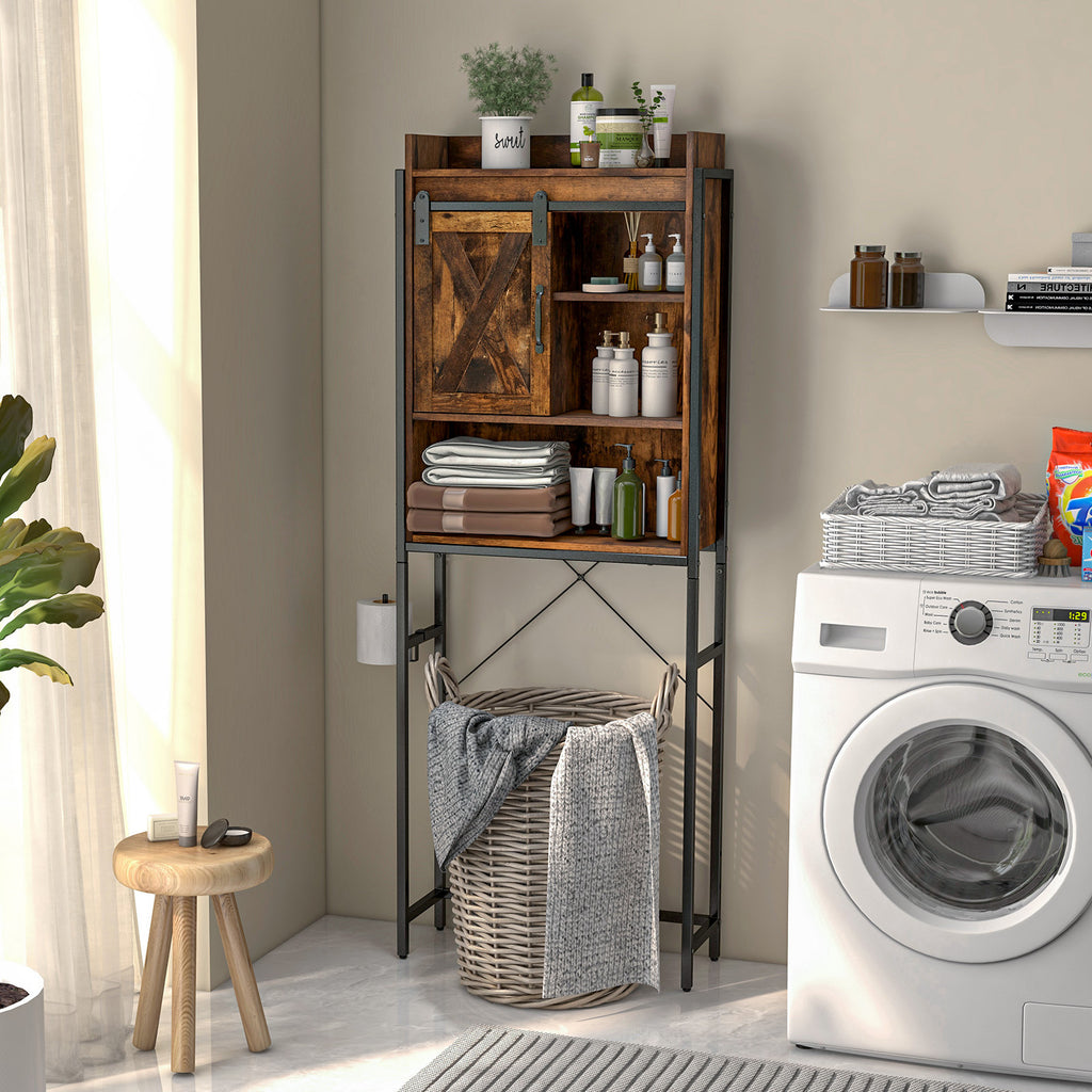 4-Tier Toilet Storage Cabinet with Sliding Barn Door, Rustic Brown