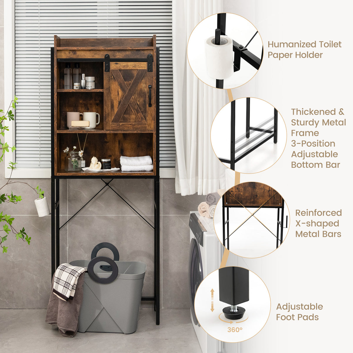 4-Tier Toilet Storage Cabinet with Sliding Barn Door, Rustic Brown