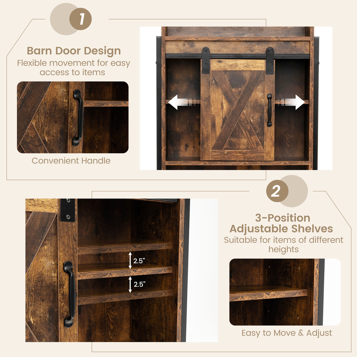 4-Tier Toilet Storage Cabinet with Sliding Barn Door, Rustic Brown