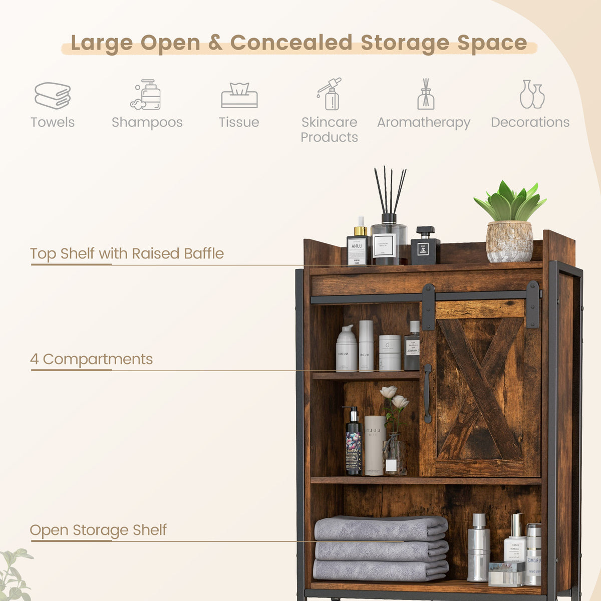4-Tier Toilet Storage Cabinet with Sliding Barn Door, Rustic Brown