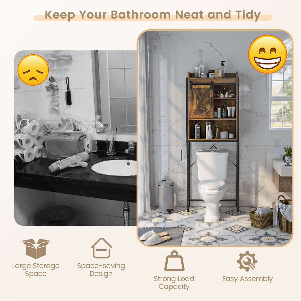 4-Tier Toilet Storage Cabinet with Sliding Barn Door, Rustic Brown
