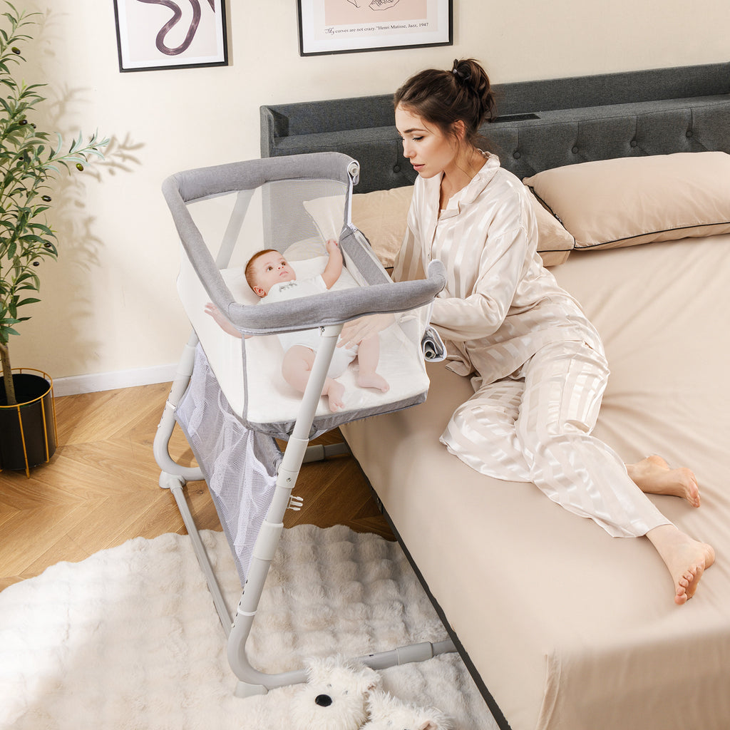 Baby Bassinet Bedside Crib with Adjustable Height & Comfy Mattress - Gray