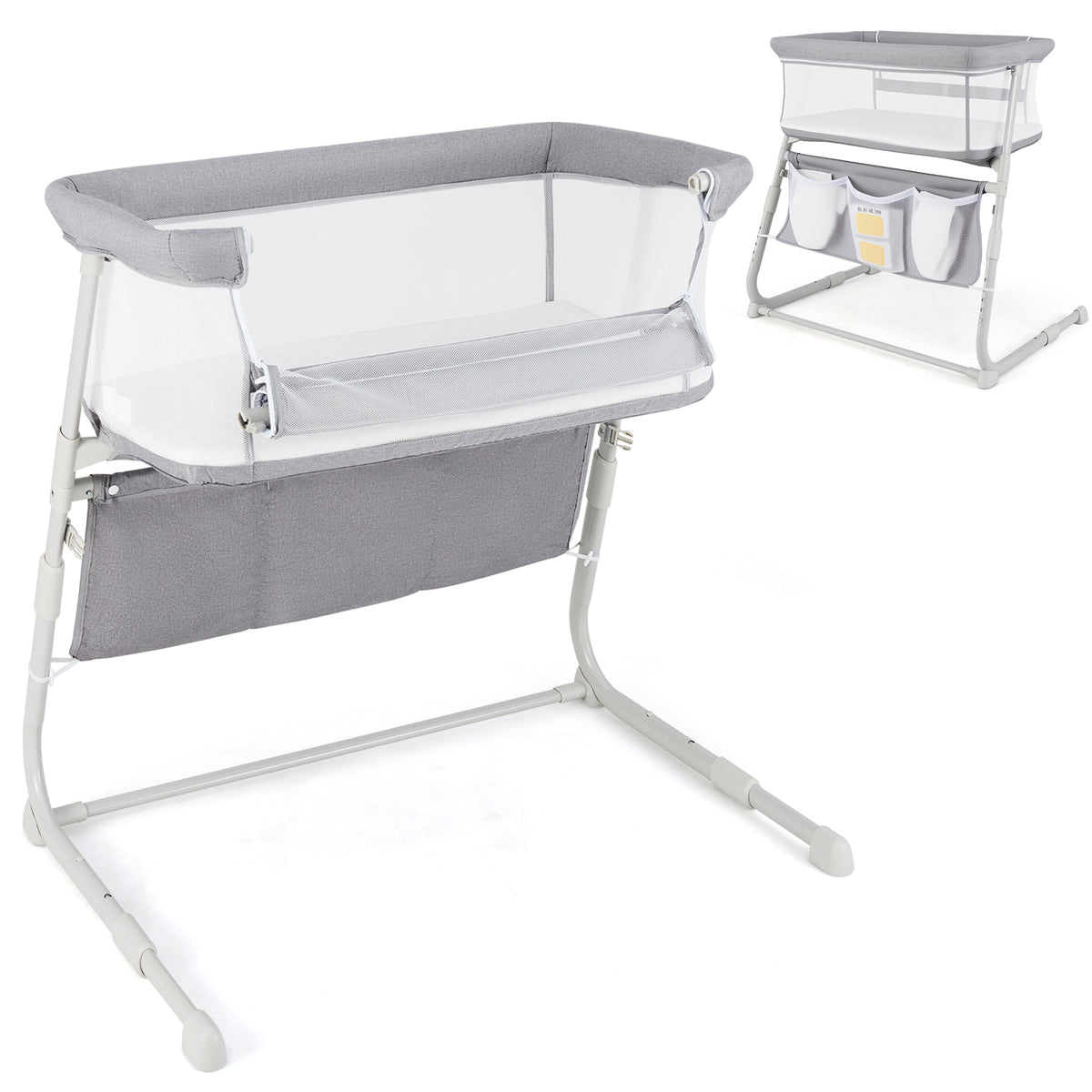 Baby Bassinet Bedside Crib with Adjustable Height & Comfy Mattress - Gray