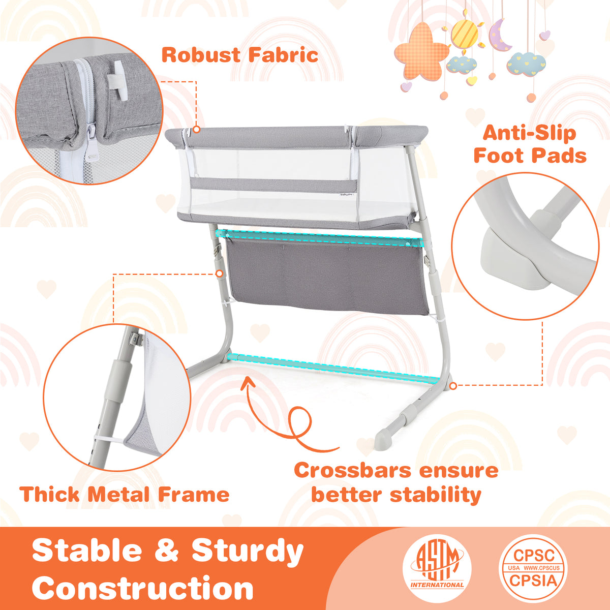 Baby Bassinet Bedside Crib with Adjustable Height & Comfy Mattress - Gray