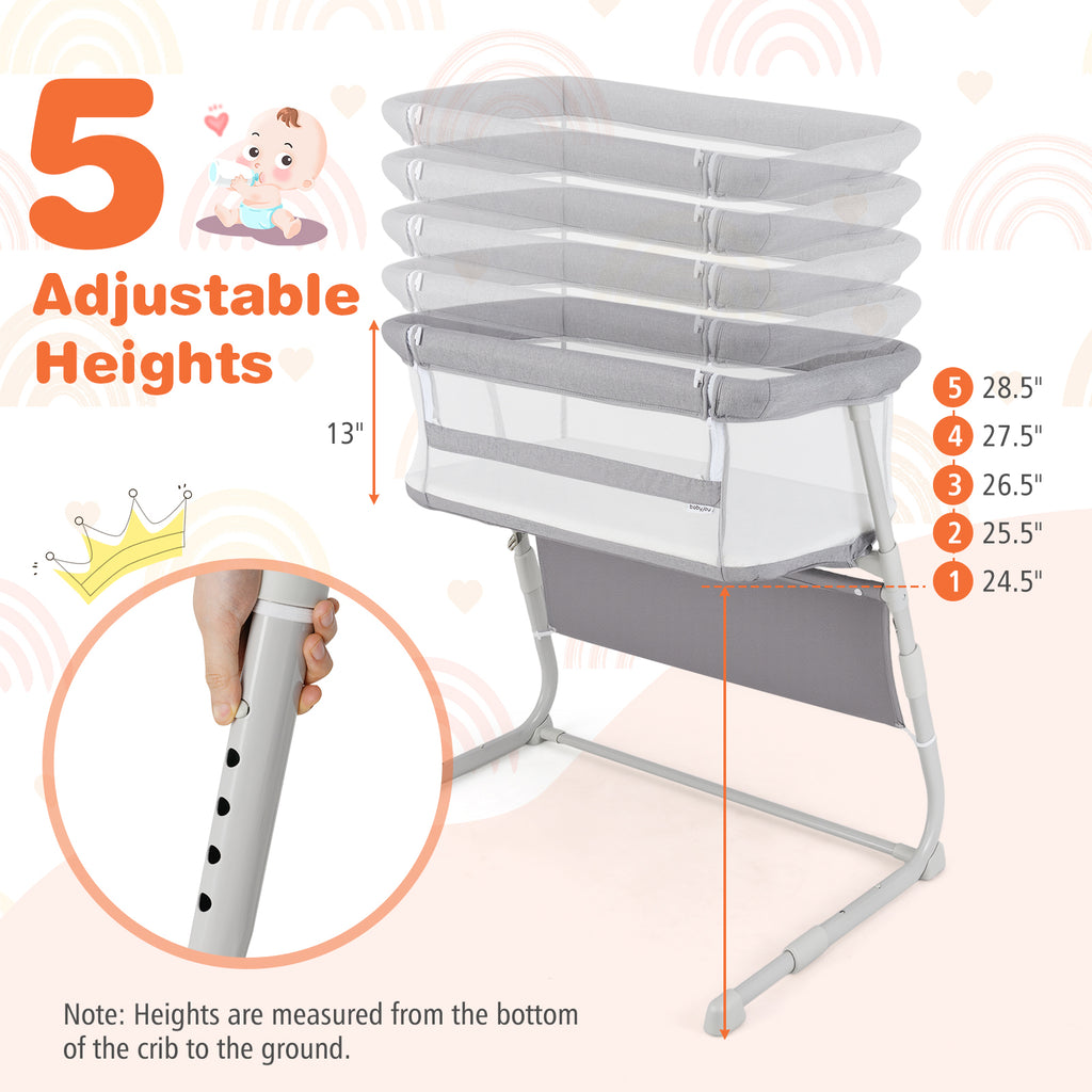 Baby Bassinet Bedside Crib with Adjustable Height & Comfy Mattress - Gray