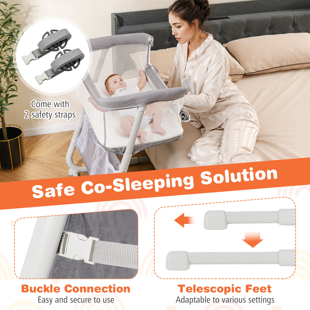Baby Bassinet Bedside Crib with Adjustable Height & Comfy Mattress - Gray