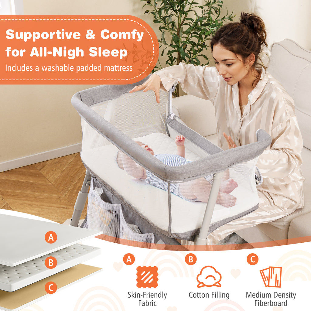 Baby Bassinet Bedside Crib with Adjustable Height & Comfy Mattress - Gray