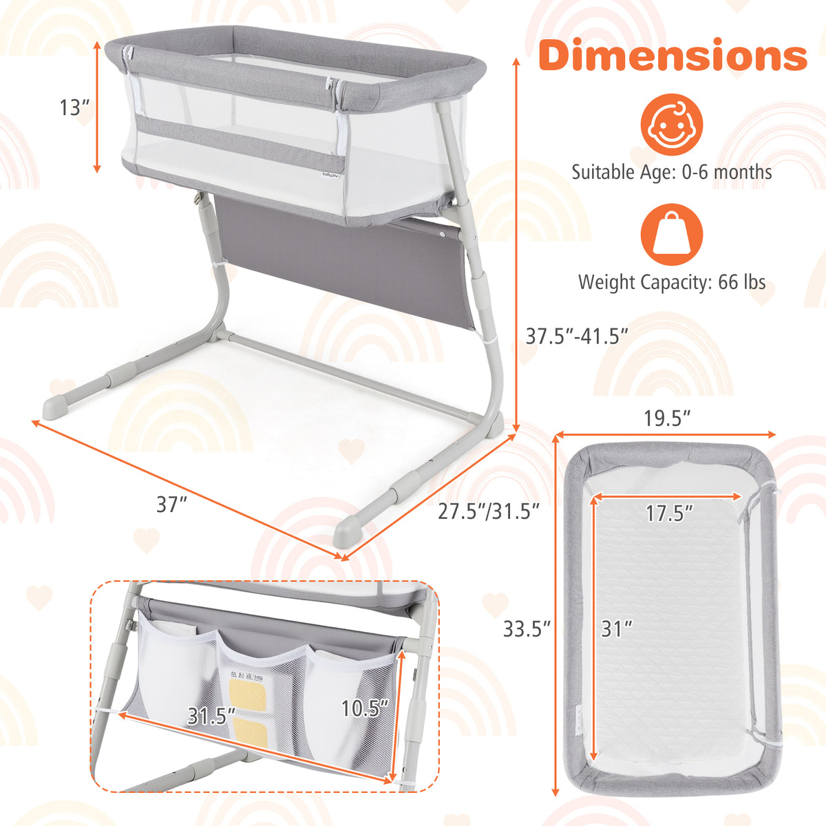 Baby Bassinet Bedside Crib with Adjustable Height & Comfy Mattress - Gray