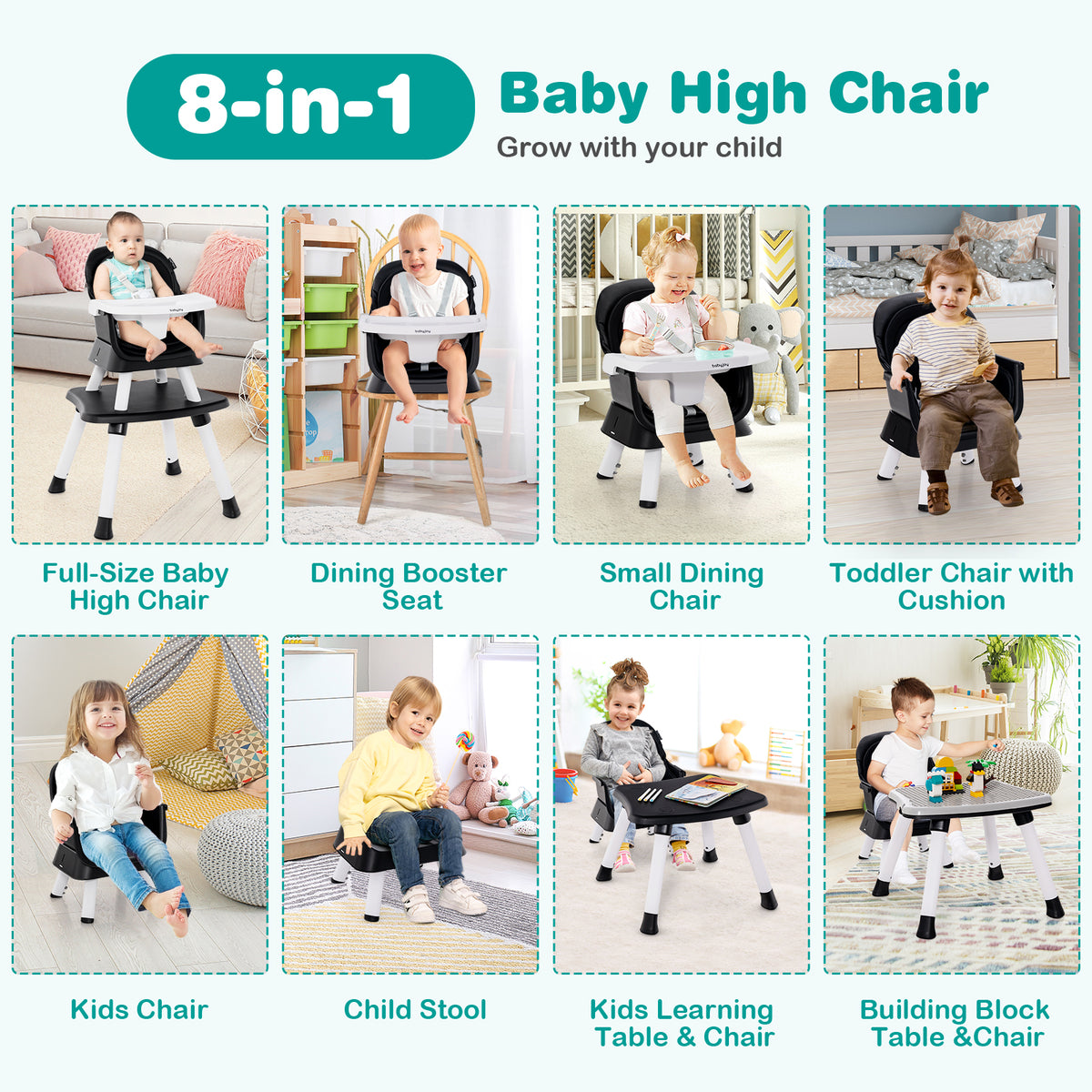 8-in-1 Convertible Baby High Chair with Removable Tray - Black
