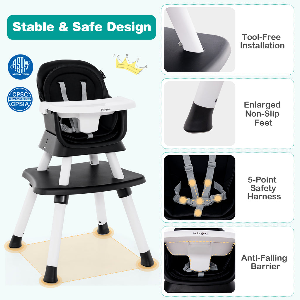 8-in-1 Convertible Baby High Chair with Removable Tray - Black