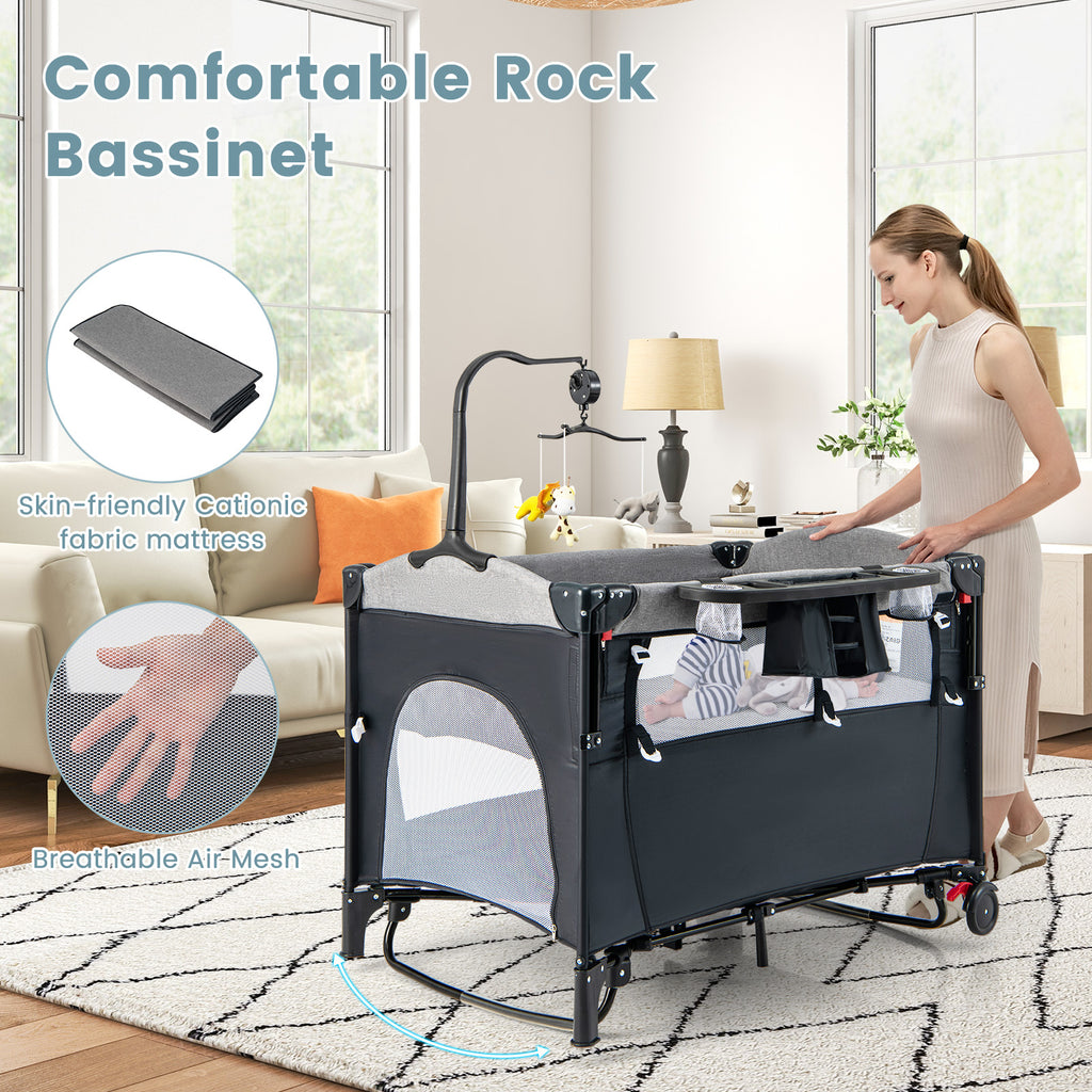 5-in-1 Foldable Baby Playpen Bedside Crib with Music Box - Gray - Costway
