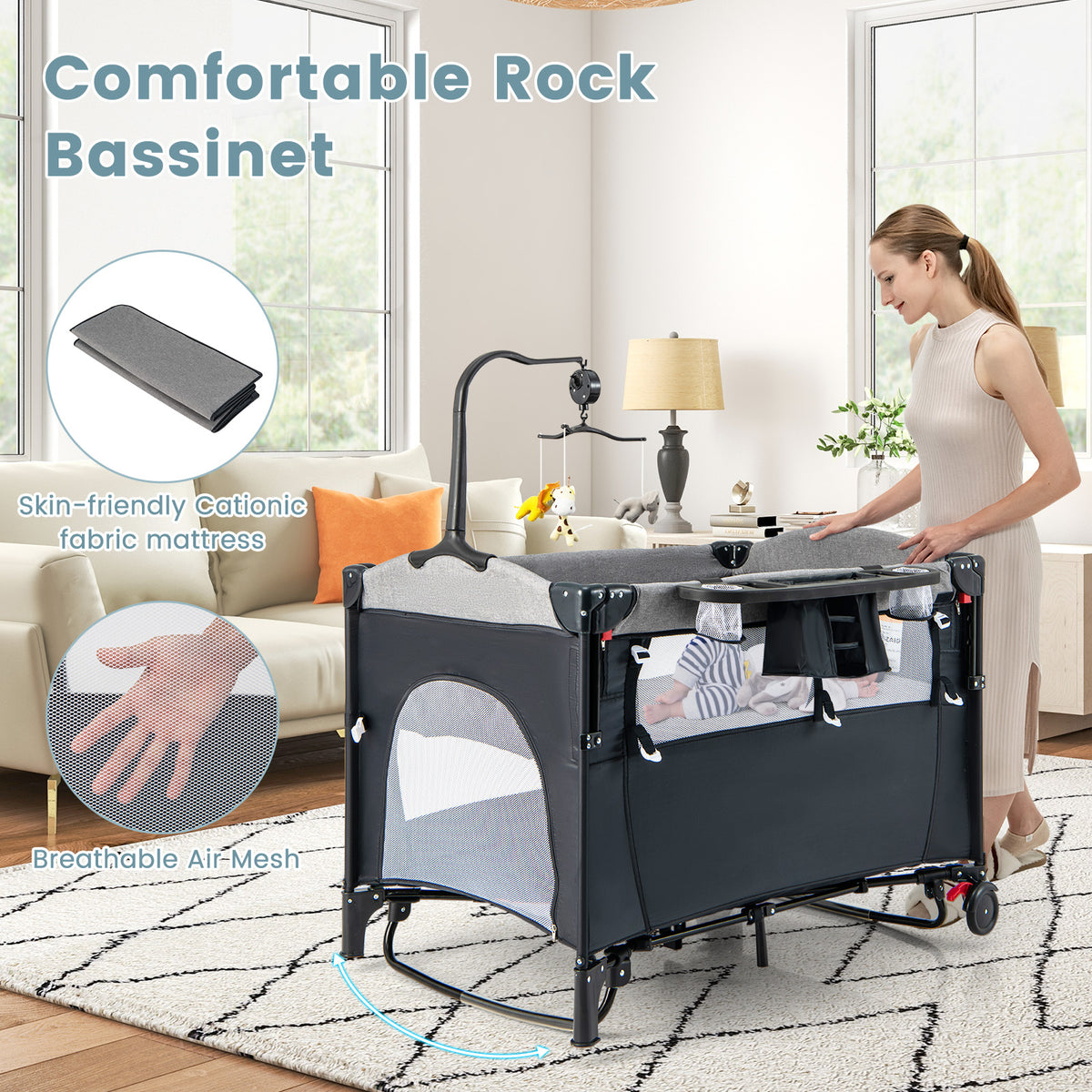 5-in-1 Foldable Baby Playpen Bedside Crib with Music Box - Gray - Costway