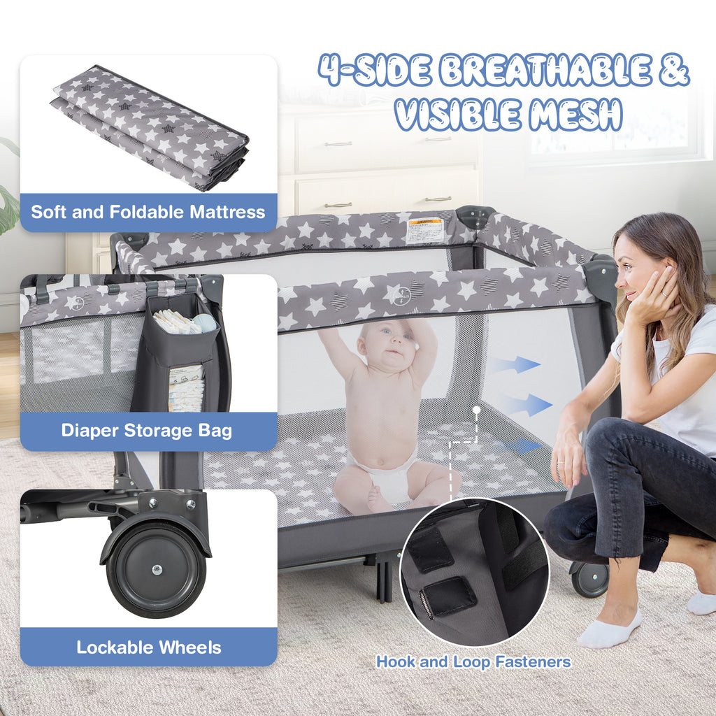 Gray Portable Baby Playard with Changing Table, Bassinet & Music Box