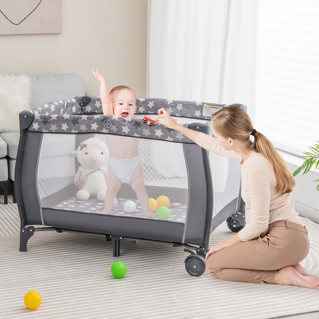 Gray Portable Baby Playard with Changing Table, Bassinet & Music Box
