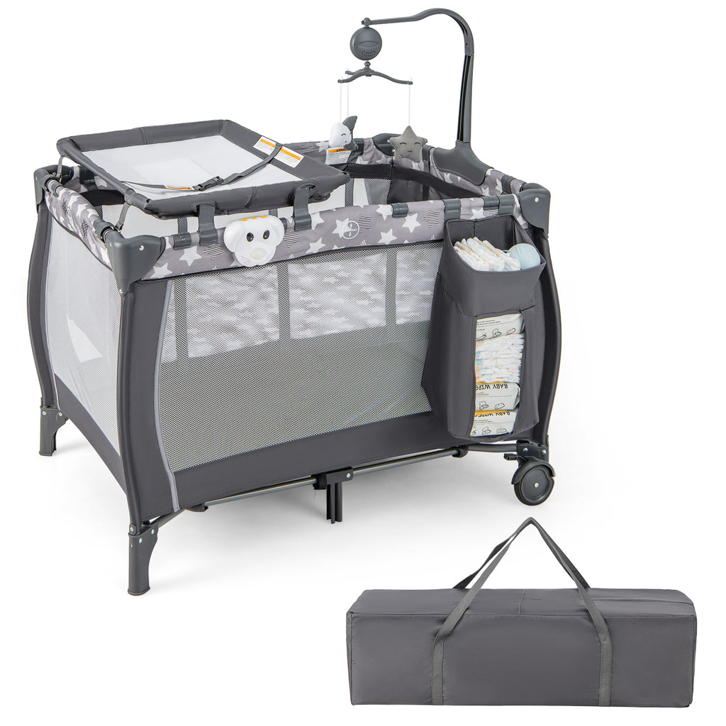 Gray Portable Baby Playard with Changing Table, Bassinet & Music Box