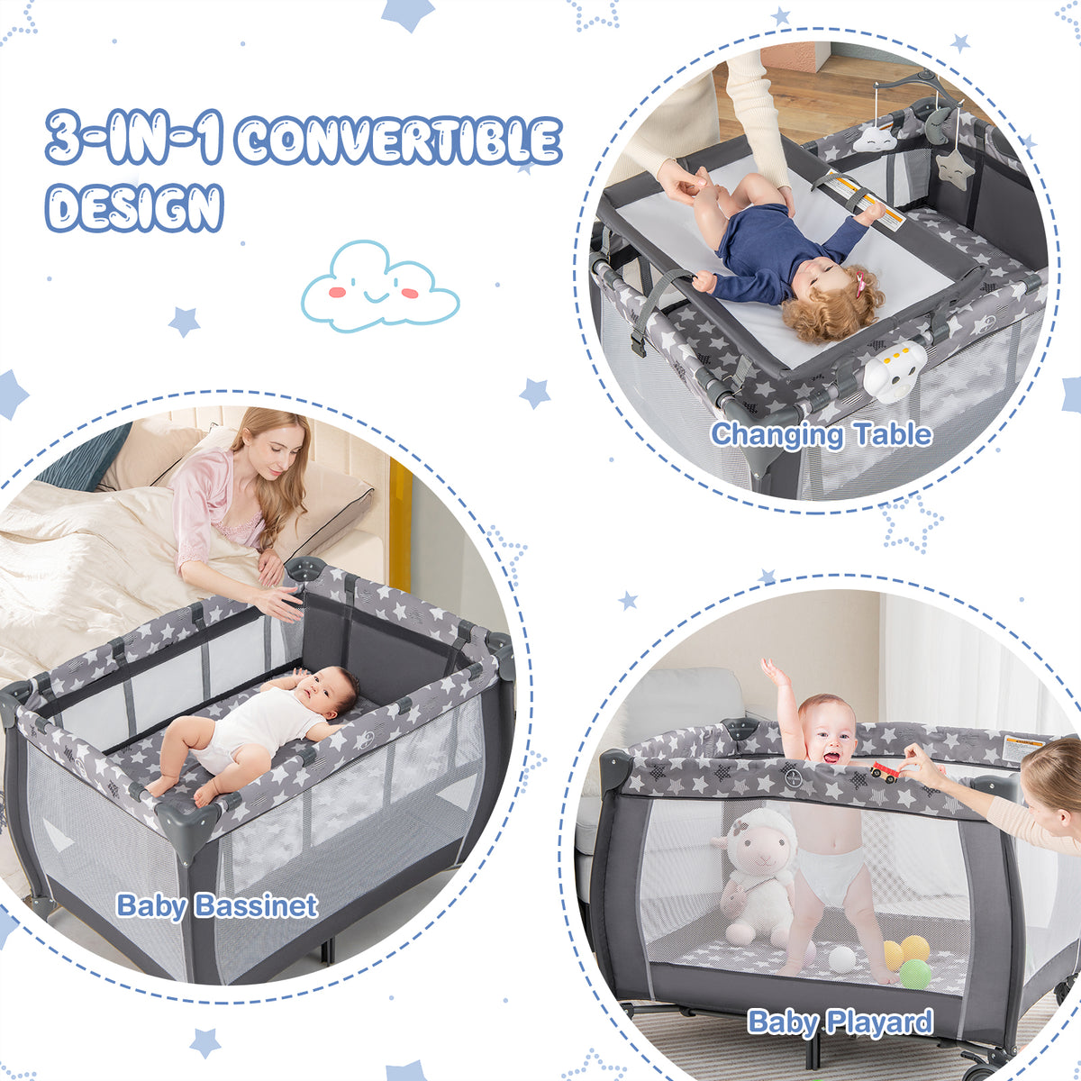 Gray Portable Baby Playard with Changing Table, Bassinet & Music Box