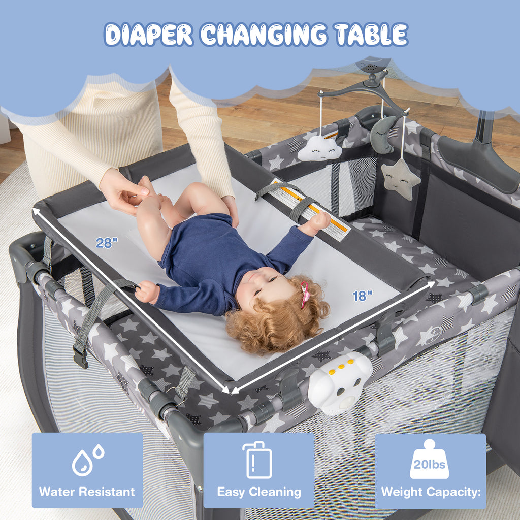Gray Portable Baby Playard with Changing Table, Bassinet & Music Box