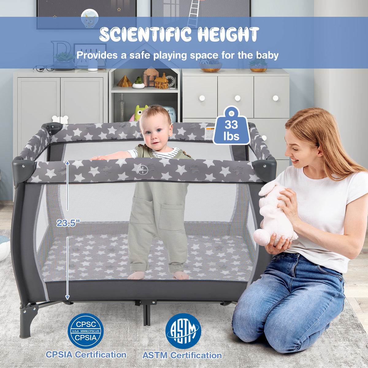 Gray Portable Baby Playard with Changing Table, Bassinet & Music Box