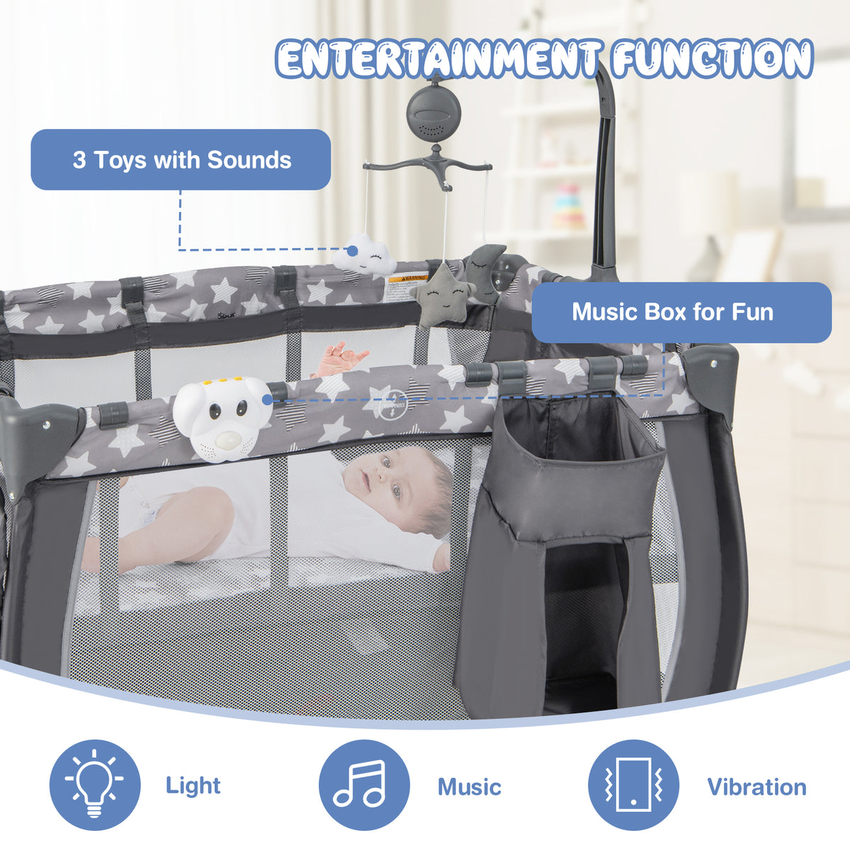 Gray Portable Baby Playard with Changing Table, Bassinet & Music Box