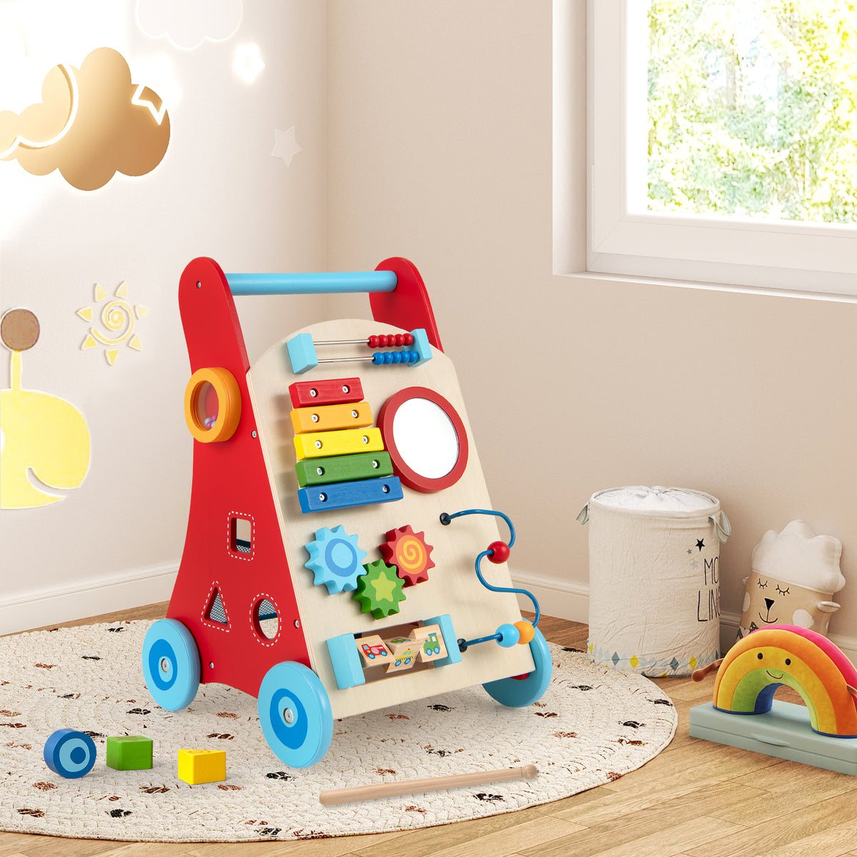 Baby Push Walker with Handle, Wheels & Mirror for 3+ Years Old - Multicolor