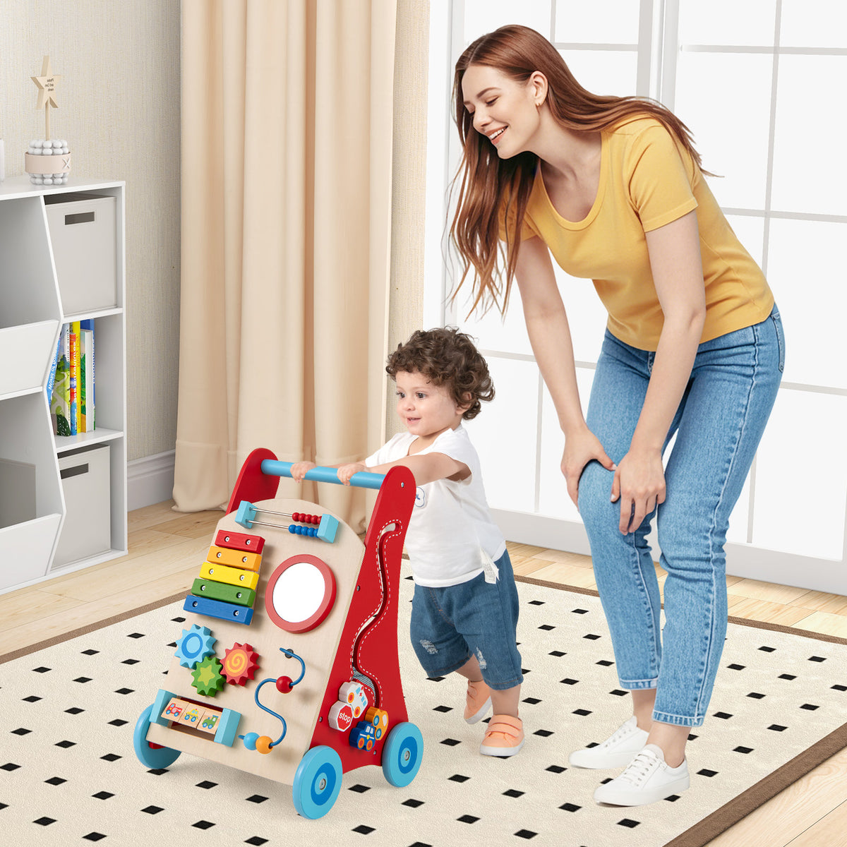 Baby Push Walker with Handle, Wheels & Mirror for 3+ Years Old - Multicolor